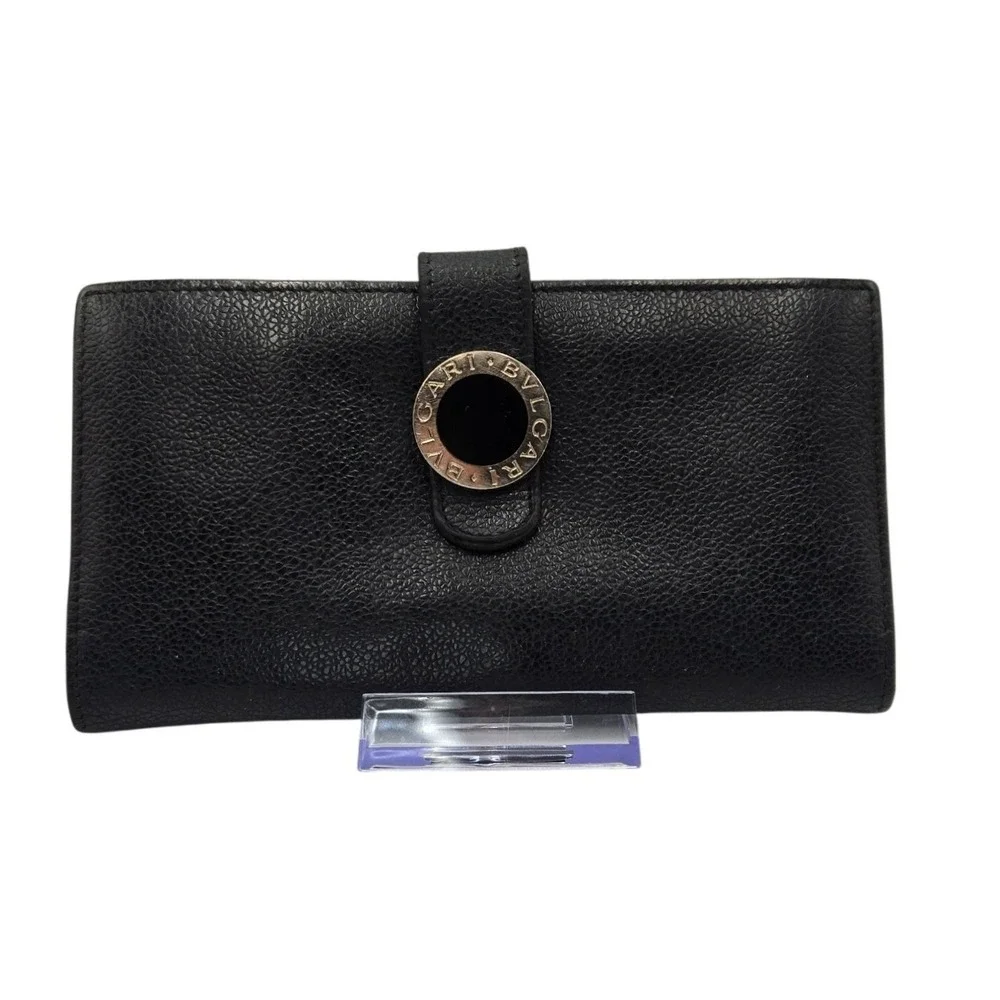 Bvlgari Black Pebbled Leather Long Continental Wallet Red Interior Logo Ring